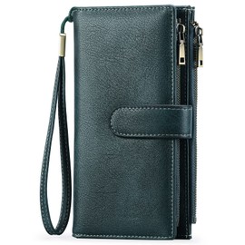 GOIACII Womens RFID Blocking Large Capacity Leather Ladies Wallet with Multiple Card Slots and Zipper Coin Purse, A08 Dark Blue, Vintage