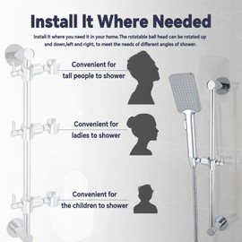 Shower Slide Bar Adjustable Handheld Shower Head Holder Wall Mount - 15inch All-Metal Shower Head Slide Bar Compatible with Bathroom Drill Free Glue Installation - Polished Chrome