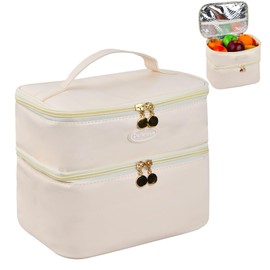 DEARBAG Lunch Bags with Handle for Women, Reusable Leakproof Lunch Box Tote Bag, Portable Insulated Cool Bags, Packed Thermal Cooler Bag for Work, School, Picnic and Travel (Beige) (Double-Layer)