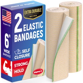 Premium Elastic Bandage Wrap - 6” (2pk) - Strong Compression - Self-Closing Reusable Bandages for Legs, Knee, Abdomen, Lymphedema - Body Wrap