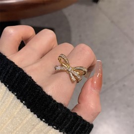 Gold Rhinestone Bow Knuckle Ring for Teen GirlsCute Shiny Multi Row Cubic Zirconia Statement Ring Silver Shiny Engagement Wedding Band Jewelry Gift (Gold)