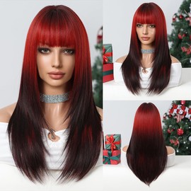 Allbell Ombre Black Red Wig for Women Long Straight Wig with Bangs Natural Hair with Layers Heat Resistant Synthetic Party Cosplay Wig