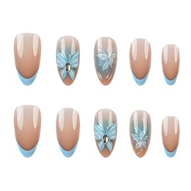 Press on Nails French Tip Short Almond Fake Nails with Blue Butterfly Design Press on Artificial Nails Reusable Full Cover Glossy Stick on Nail Cute False Nail Salon Decoration for Women Girls 24 Pcs