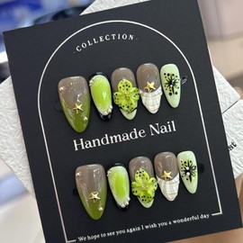 Ombre Green Press on Nails Handmade Medium Almond Fake Nails 5D Embossed Flower False Nails Press ons Ocean Summer Glue on Nails Full Cover Reusable Handmade Nail for Women Size M