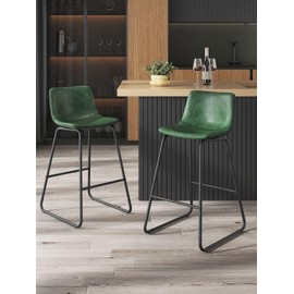 Aowos Bar Stools Set of 2, 26 Inches Counter Height Bar Stools with Back, Modern Faux Leather Barstools with Metal Legs and Footrest, Bar Chairs for Kitchens Island (Green)