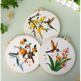 3 Pack Hummingbird Flowers Embroidery Kit for Beginner Adults, Includes Clear Instructions, Embroidery Hoop, Stamped Patterns, Colorful Threads, Tools.Hand Craft Lover Gifts