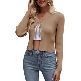 SECRETEYARD Womens Tie Front Cardigan Long Sleeve Rib Knit Shrug for Dress Sweaters Crop Tops Khaki