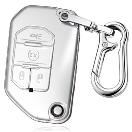 RFSRZ for Jeep Key Fob Cover Full Protection Key Case for 2018 2019-2024 2025 Wrangler JL Gladiator with Silicone Holder (Silver)