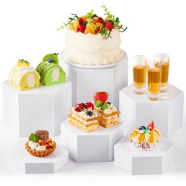 Leinuosen 6 Pcs Large Buffet Risers, 5.5 to 8 Inch Catering Dessert Table Risers Food Decorative Stands with hollow bottom for Catering Supplies, Party(White, Hexagonal)