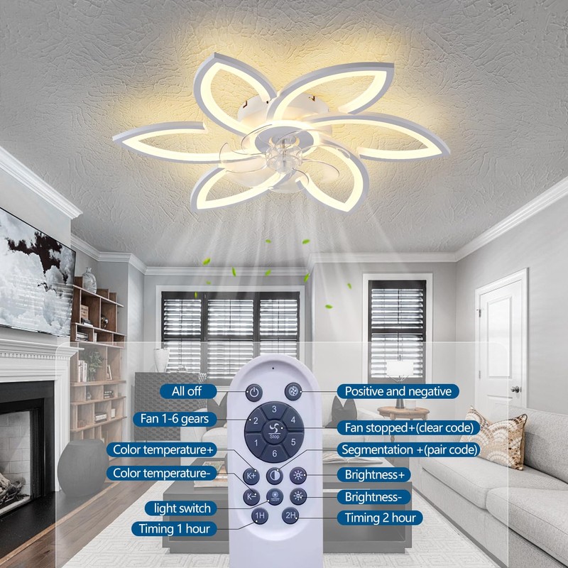 Dalouguan Ceiling Fan with Lights Remote Control, White Flower Ceiling