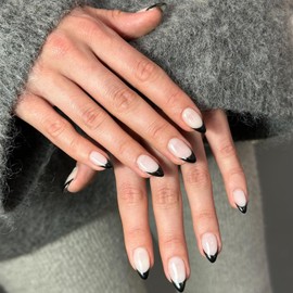 30Pcs Black French Tip Press on Nails Short Almond Nails Press ons, Short Fake Nails Almond Shaped Acrylic Nails French Glue on Nails Short False Nails for Women, Natural Stiletto Nails 15 Sizes