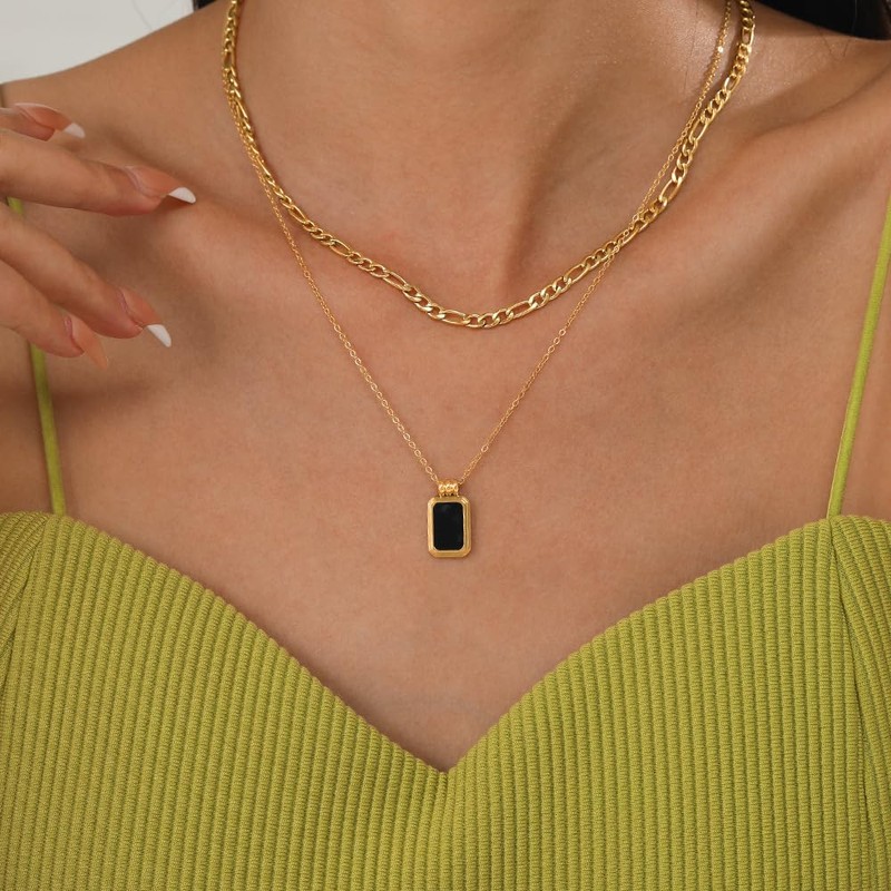 XYWstore Women's Alloy Double-Layer Square Pendant Cuban Chain Necklace, Gold