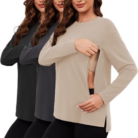 Ecavus Women's Nursing Tops Long Sleeve 3 Packs Hidden Zipper Nursing Shirts for Breastfeeding Side Split Maternity Clothes