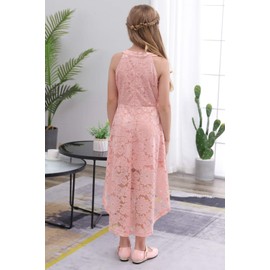 GORLYA Girl's Elegant Halter Neck Floral Lace Hi-Lo Flower Girl Birthday Party Dress for 4-14T Kids (GOR1027, 9-10Y, Pink)