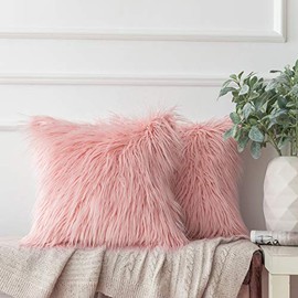 Ashler Pack of 2 Decorative Luxury Style Pink Faux Fur Throw Pillow Case Cushion Cover 18 x 18 Inches 45 x 45 cm