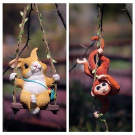 WAYUTO Swing Monkey Garden Statue Ornament Decorative Hanging Hammock Animal Figurines Cute Resin Monkey Figure Outdoor Funny Garden Decor for Patio Yard Lawn Fence Pathway Backyard Landscape Tree