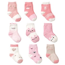 Cotton Coming Pink Cotton Baby Girl Socks, 9 Pairs Sweet. Toddler Girls Socks with Handles - pink