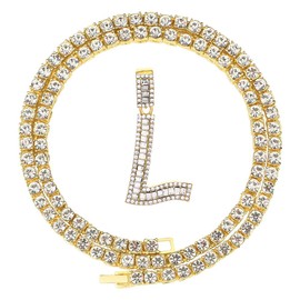 FW Jewelry Men Women Iced Out Hip Hop Silver Gold Bling Diamond Paved Initial Letter Pendant Tennis Chain Necklaces Jewellery A to Z 20'' (Gold, L)