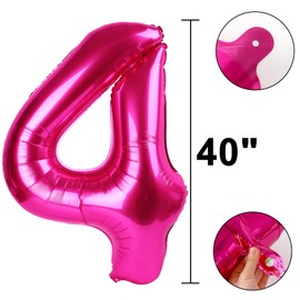 Rose Red Number 4 Balloon 40 Inch, Big Large Foil Helium Hot Pink Number Balloons,Jumbo Giant Mylar Self Inflating Number 0 Balloons for Birthday Party Decorations Supplies