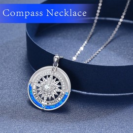 YueYuan Women Compass Necklace 925 Sterling Silver Blue Opal Pendant Jewellery Gift for Nautical Lovers