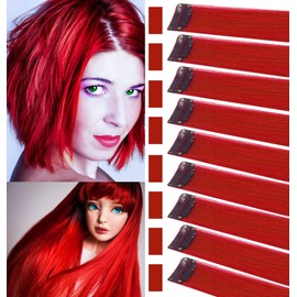 ZHAOWWEI 9 x Princess Red Hair Extensions, Multi-Colour, Party Highlights, Stripes, Synthetic Hairpieces, Clip-In/Clip On Coloured Hair Extensions (Red)