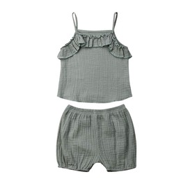 Newborn Toddler Baby Girl Cotton Linen Halter Tops Sleeveless Shirt Ruffle Short Pants 2Pc Shorts Clothes Set (Green, 18-24 M)