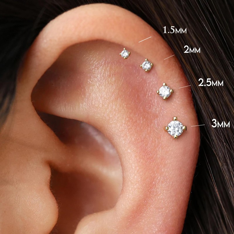 NONTAI Tiny CZ Stud Earrings, Silver 18G Flat Back Earrings,
