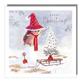 Tracks Publishing Charity Christmas Cards - Hedgehog in Christmas Hat with Sledge, Tree and Flittered Snow - Eco-Friendly - Pack of 5 Cards
