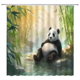DSMEUE Bamboo Panda Shower Curtain Cute Animal Forest Plant Green Fabric Curtain with Hooks for Bathroom Decor,70x70 Inch