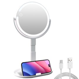 SANYCASA Makeup Mirror with Lights, 10X Magnifying Mirror & 3 Color Modes, 8" Double Touch Height Adjustable Vanity Mirror with Type-C Fast Charge, Travel Mirror for Bathroom, Gifts for Women, White