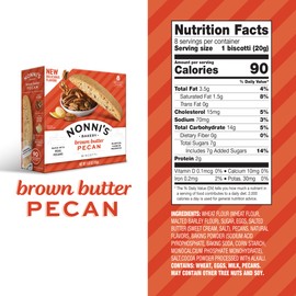 Nonni's Brown Butter Pecan Biscotti, Nutty Pecan Cookie with Rich Browned Butter Flavor, 8 Individually Wrapped Bakery Snacks, 5.52 oz, 6 Pack
