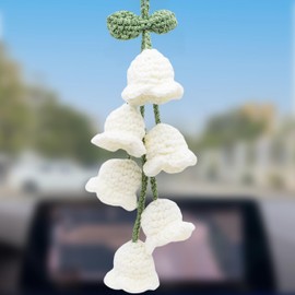 MEAJOO Car Mirror Hanging Accessories, Rear View Mirror Accessories Hanging Decor, Cute Bellflower Hand Knitted Car Pendant Suitable for Key Chains, as Gifts for Women(1 PCS/6 Flowers, White)