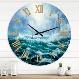 Designart 'Lighthouse in Middle of Blue Wild Ocean Waves' Nautical & Coastal - 36 in. high, 36 In. Wide
