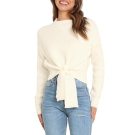 Okiwam Women's Long Sleeve Cropped Sweaters Casual Knit Pullover Tie Front Crew Neck Fall Outfits Fashion Clothes 2025-S White