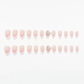 CEWEWP 24Pcs French Tip Press on Nails Almond Medium Fake Nails with Silver Alloy Butterfly Nail Charms Nude Pink False Nails Glossy Press on Nail Acrylic Nails Full Cover False Nails for Women Girls