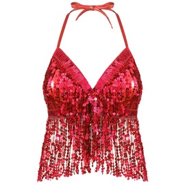 Malaxlx Womens Belly Dance Crop Top Sequins Tassel Red Bralette Bra Halter Top Backless Tank Top for Girls Rave Party Club Costume