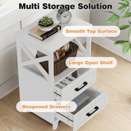 May in Color Tall Nightstand Set of 2, Bedside Table with X Shaped Design, Wooden Rustic End Table with 2 Large Storage Drawers Cabinet for Bedroom, Living Room, White