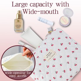 AMZMA 3Pcs Quilted Makeup Bag for Women, Large Travel Makeup Bag Set, Cute Aesthetic Cosmetic Bags, Floral Cotton Makeup Pouch Coquette Toiletry Organizer Bag