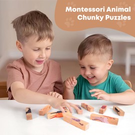 Monteludus Wooden Animal Puzzles for Toddlers 1-3, 8 Different Safari Animal Chunky Puzzle, Montessori Toys for Kids Baby Boys Girls Gifts