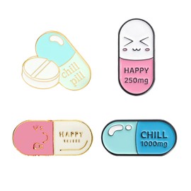 4PCS Nursing Pins,Chill Pill Enamel Pin Brooch,Happy Capsule Gold Brooch,Kawaii Emoticons Enamel Brooch for Clothing Backpacks Jackets DIY Accessory Nurse Doctor Medical Student Graduation Gift