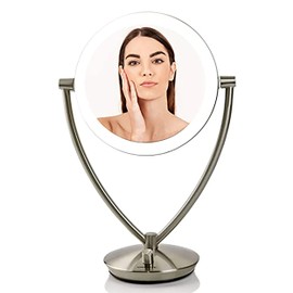 Ovente LED Lighted Makeup Mirror 7.5 Inch Table Top 1X 5X Magnifier Dimmable illuminated Adjustable Circle 360 Degree Double Sided Acrylic Edge Battery USB Operated Large Nickel Brushed MLT75BR1X5X