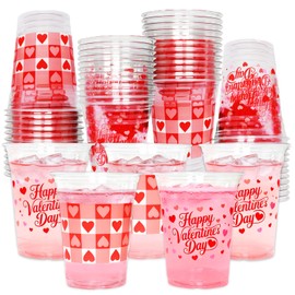 YISKUOPU 50Pcs Valentines Plastic Cups, 12oz Red Pink Valentines Day Cup Includes Valentines Cups and Heart Shape Plastic Cups for Valentines Day Party Decorations,Valentine Cups for Party