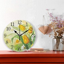 senya Wall Clock Silent 9.5 Inch Battery Operated Non Ticking Round Decorative Acrylic Quiet Clocks for Bedroom Office School Home (Yellow Tulip)