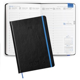 TOBJA 2025 A5 Diary - One Week on Two Pages, Half-Hour Timing from 6-21 Clock - Book Calendar 2025 A5 Hardcover with Elastic Closure, 1 Ribbon Bookmark, Project Planning Pages (Nero Blue)