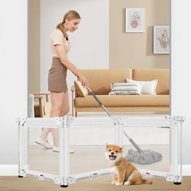 3-Panel Free Standing Dog Gate with 4 Suction Cups, 60 x24 Inch Tall Short Dog Gates to Step Over, Foldable Pet Gate Indoor Small Dog Fence Puppy Barrier Mesh Dog Gates for The House, White