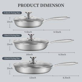 6 Piece Stainless Steel Frying Pan Set with Lids Cookware Set Nonstick Honeycomb Frying Pan Set 3pcs W/Stay Cool Handle Skillet Works Pan for Cooking with Induction Gas Stovetops