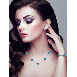 Qinpan Four Leaf Clover Necklace and Bracelet Set for Women Lucky Flower 14K Gold Jewelry, Yellow Gold, Chalcedony