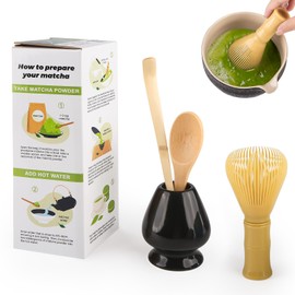 Matcha Set 4 Pieces Japanese Ceremony Resin Matcha Whisk Bamboo Spoon Bamboo Shovel Whisk Holder Perfect Set for Preparation Black