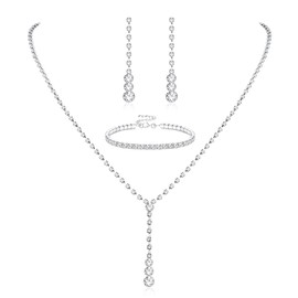 CASSIECA Silver Bridal Jewelry Set Rhinestone Necklace Bracelet Dangle Earrings for Bride Bridesmaid Teardrop Pendant Crystal Wedding Prom Jewelry Accessories for Women