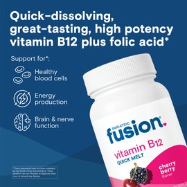 Bariatric Fusion Vitamin B12 Sublingual 1000 mcg Melts | Cherry Berry Flavored | Vitamin B12 Dissolve Under Tongue Tablets with Folic Acid | Sugar Free | Methylcobalamin | 90 Count